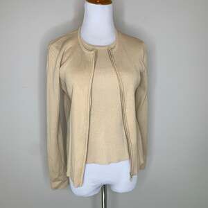 Tan Ribbed Sweater Set Shell and Zip Front Cardigan Sz Small Silk Blend